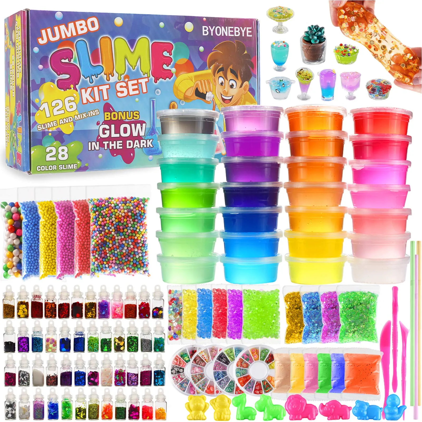 126 Pcs DIY Slime Making Kit for Girls Boys - Birthday Idea for Kids Age 5 . Ultimate Slime Supplies Include 28 Crystal Slime, 2 Glow in The Dark Powder, 48 Bottle Glitter Jar etc.