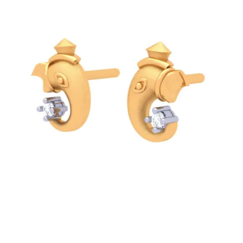 14k Ganesha Gold Earring With Four-dimensional Clear Cut Gem
