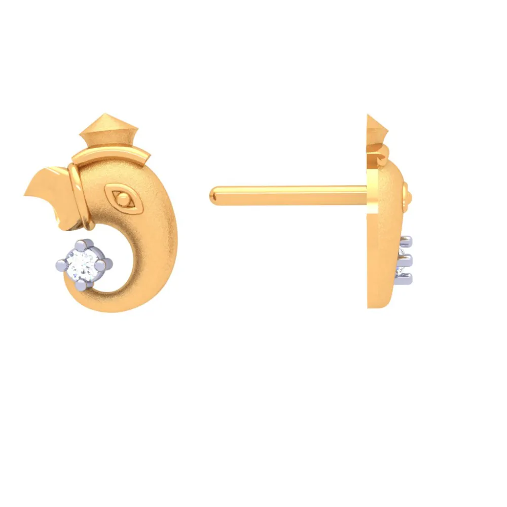 14k Ganesha Gold Earring With Four-dimensional Clear Cut Gem