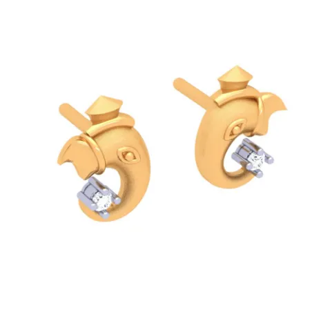 14k Ganesha Gold Earring With Four-dimensional Clear Cut Gem
