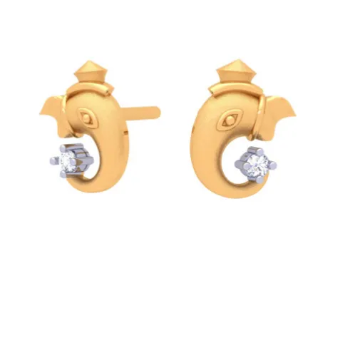 14k Ganesha Gold Earring With Four-dimensional Clear Cut Gem