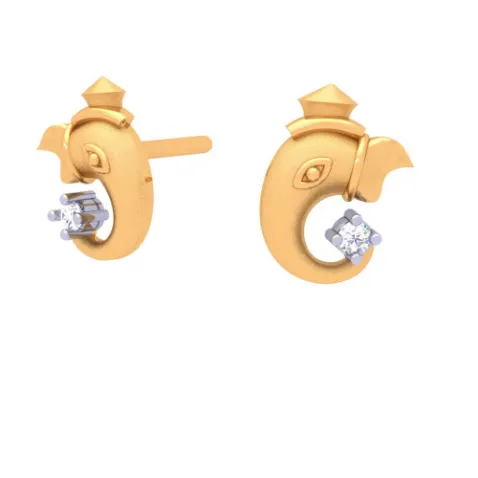14k Ganesha Gold Earring With Four-dimensional Clear Cut Gem