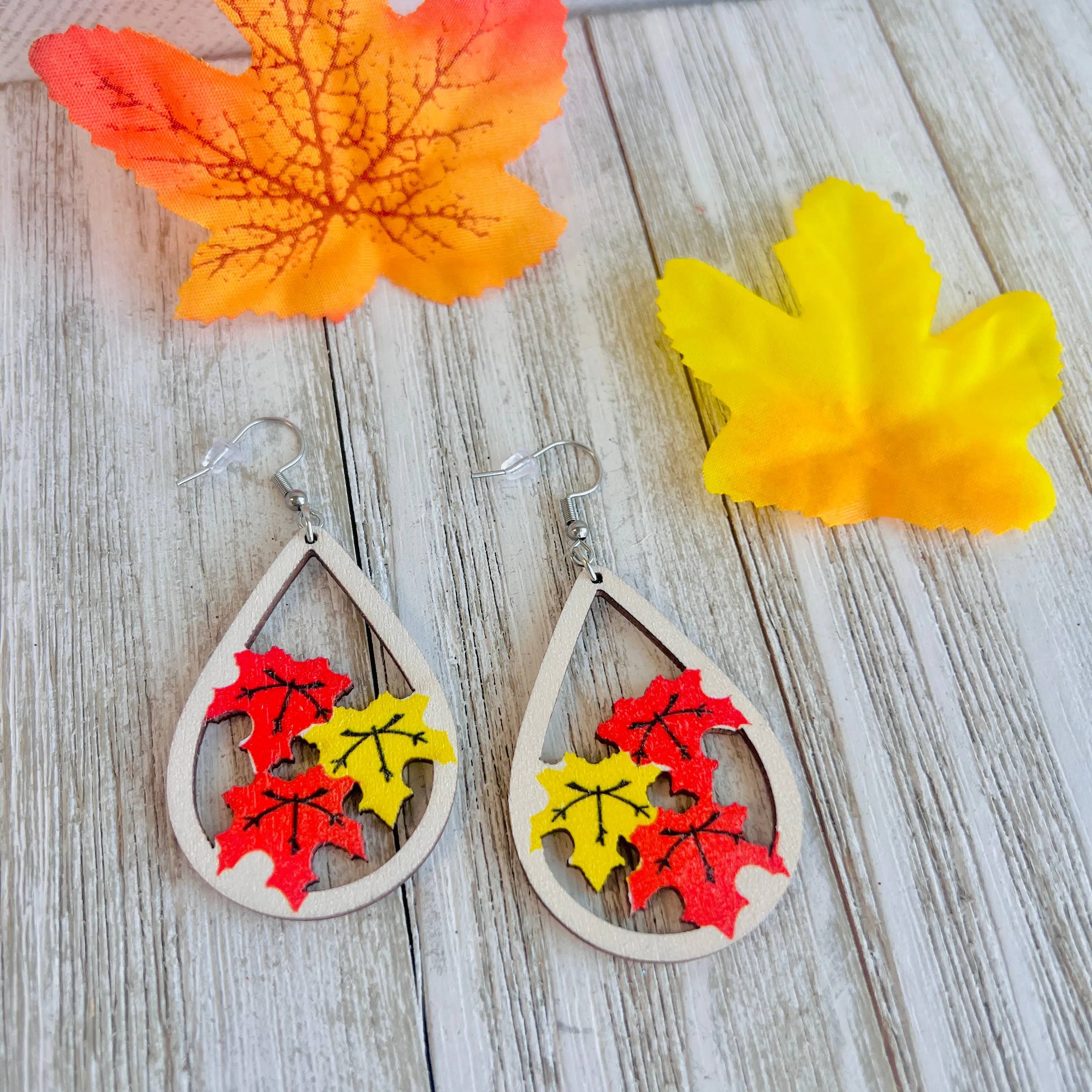 Autumn Leaves Wooden Drop Ear Bling