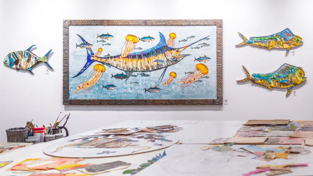 BLUE MARLIN WITH JELLYFISH original paper collage