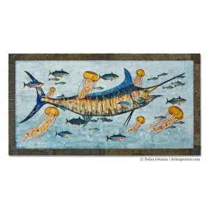 BLUE MARLIN WITH JELLYFISH original paper collage