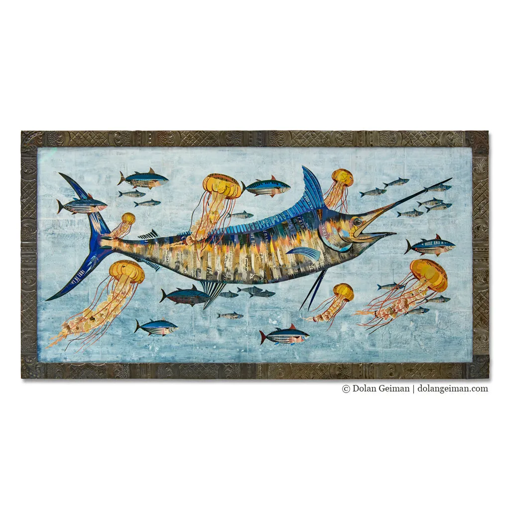 BLUE MARLIN WITH JELLYFISH original paper collage