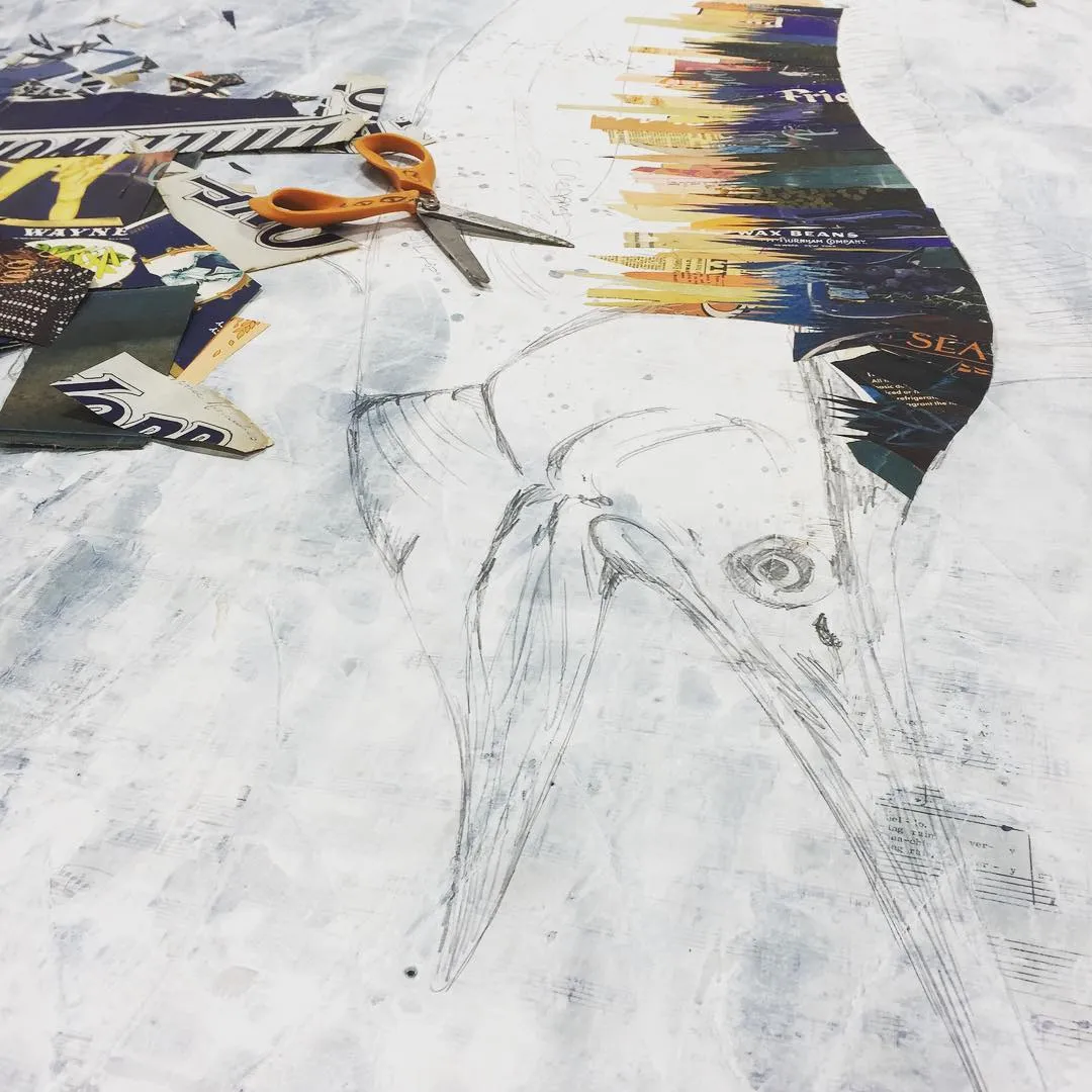BLUE MARLIN WITH JELLYFISH original paper collage