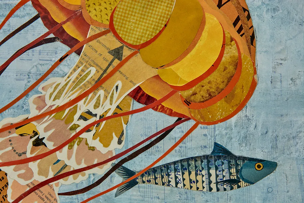 BLUE MARLIN WITH JELLYFISH original paper collage