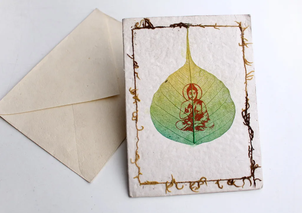 Buddha Painted in a Bodhi Leaf Lokta Paper Greetings Card