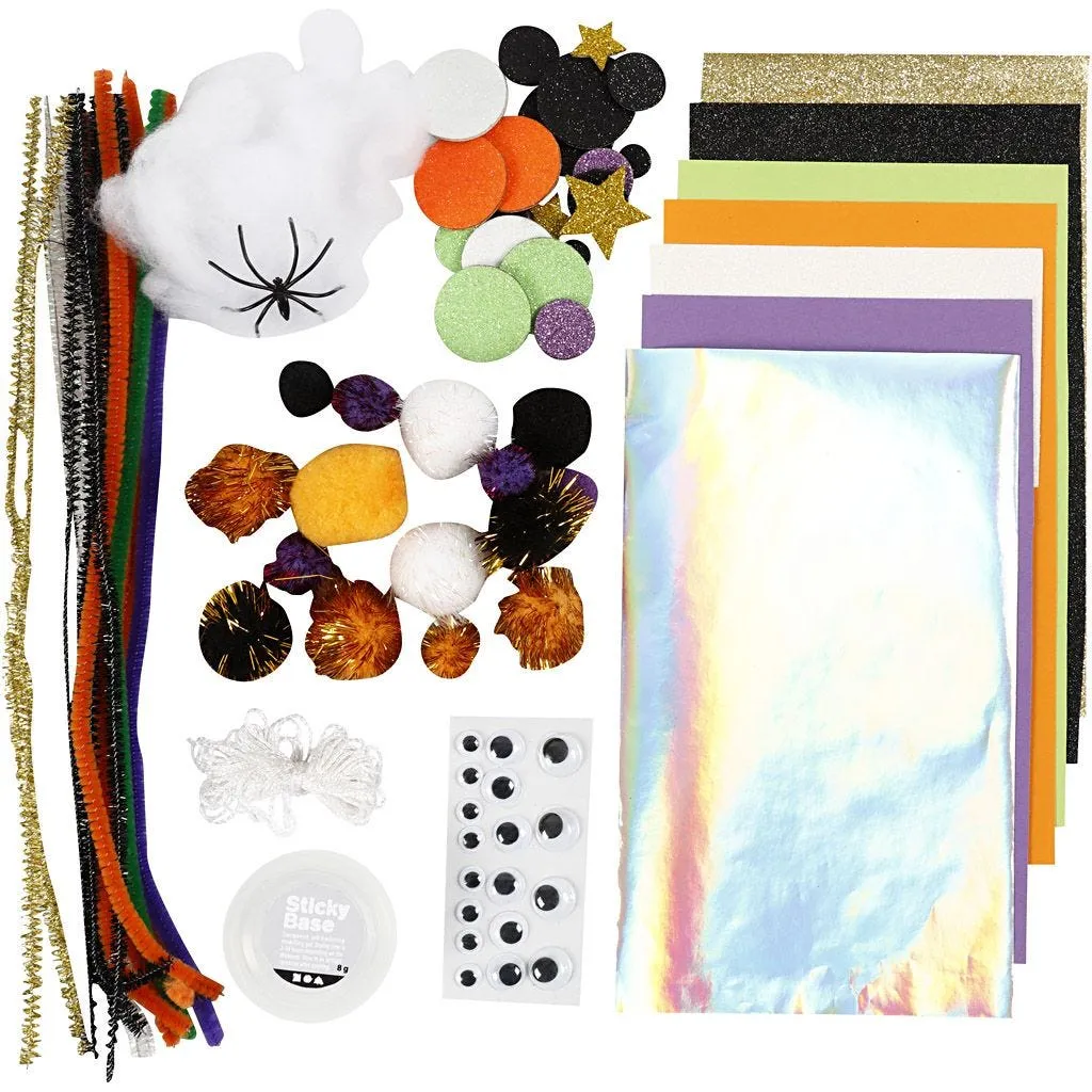 Crafting Assortment Halloween Base Glitter Natural Paper Card Eyes Spider Web Cord Poms