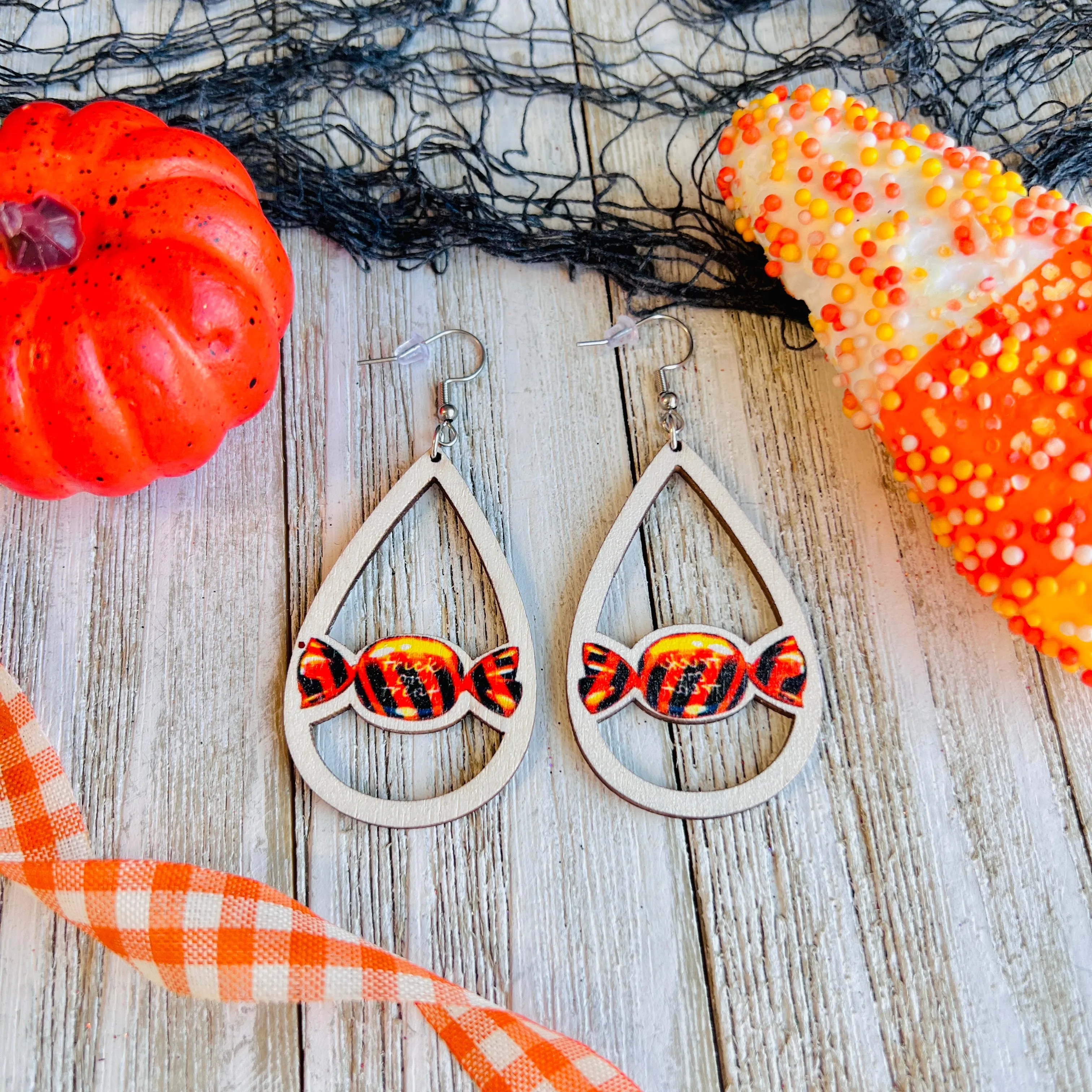 Halloween Candy Wooden Drop Ear Bling
