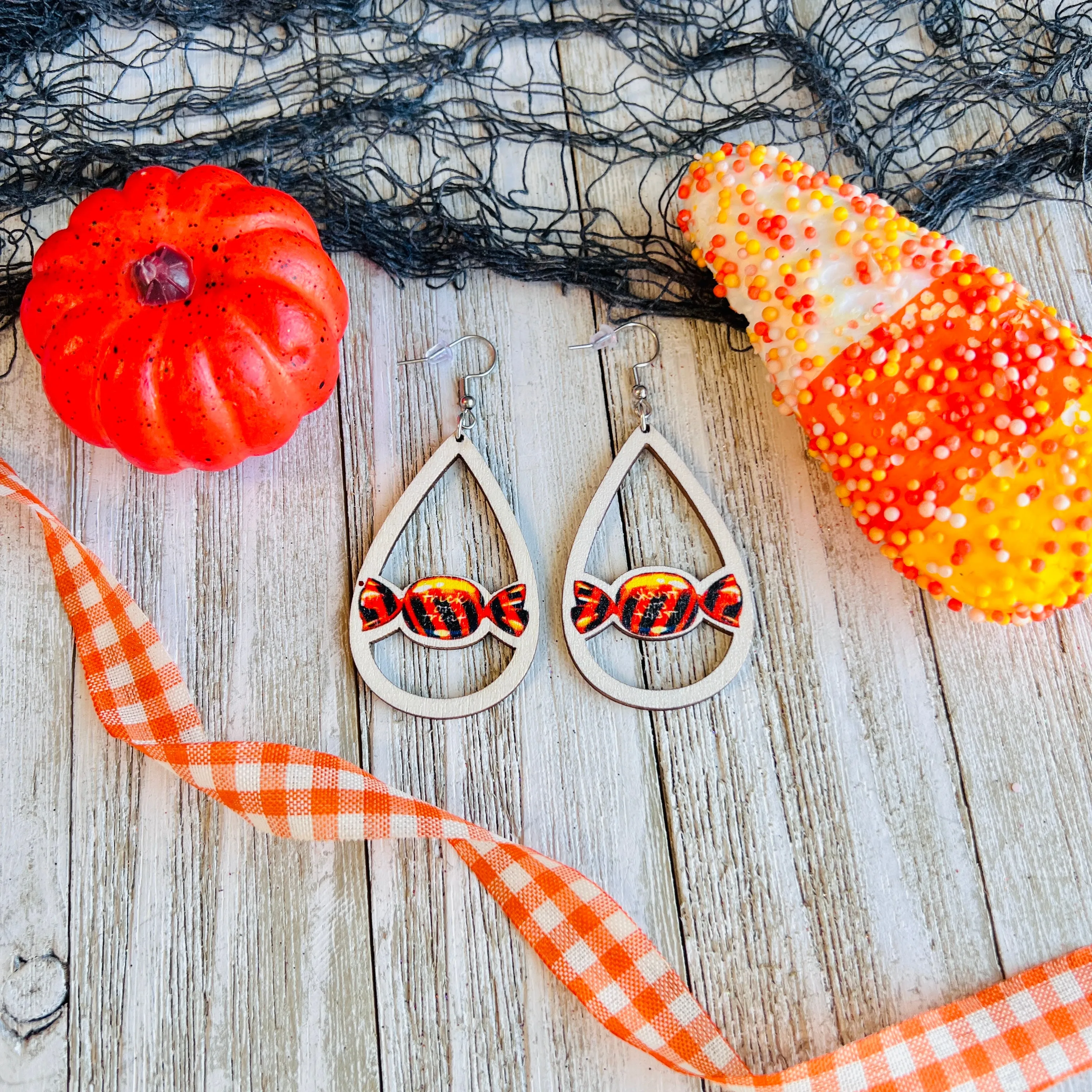 Halloween Candy Wooden Drop Ear Bling