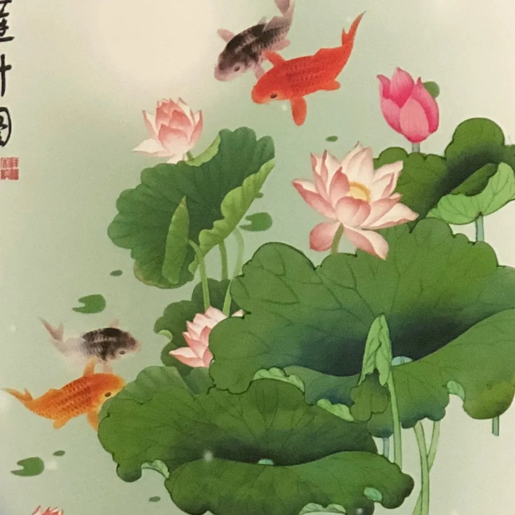 Lotus flowers and fish silk scroll (45 x 120cm)