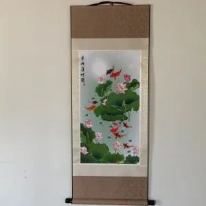 Lotus flowers and fish silk scroll (45 x 120cm)