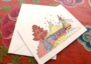 Nepalese Temples and Stupa Painted Handmade Lokta Paper Greeting Card