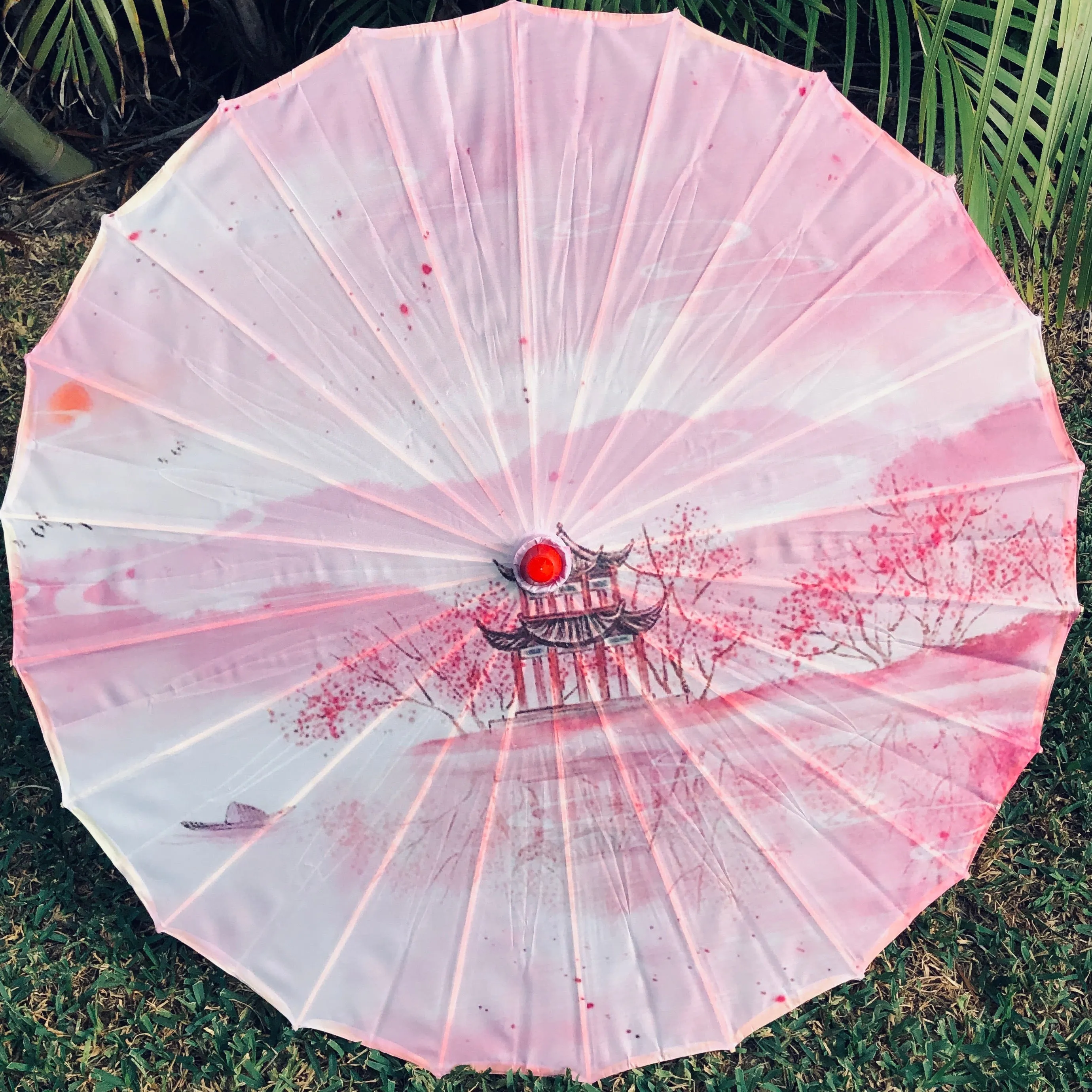 Nylon Parasol - Pink pagoda and cherry blossoms