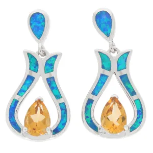 Yellow Citrine Sterling Silver Earrings with Opal Accent